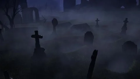 An old abandoned cemetery with empty graves next to ancient ruins. Halloween. 3D Stock Footage 317989106