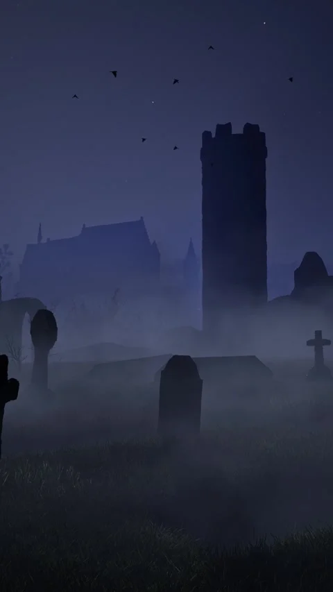 An old abandoned cemetery with empty graves next to ancient ruins. Halloween. 3D Stock Footage 317989112