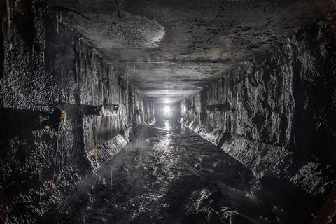 An old abandoned decayed square concrete drainage tunnel. Foto stock