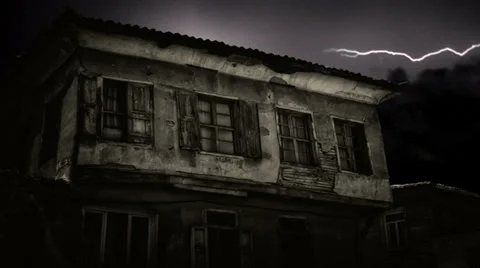 Old abandoned house with thunder, lightning and rain, with audio. Stock Footage 33828126