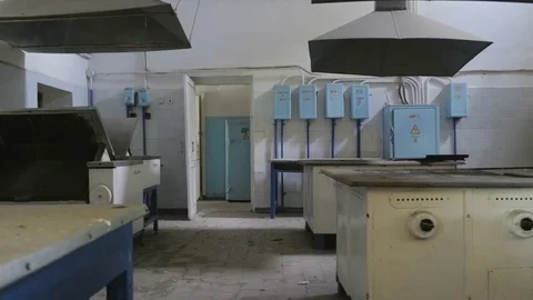 Old, abandoned kitchen in a cafe, restaurant, public dining room Stock Footage 81640265