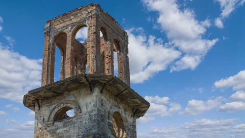 Old abandoned medieval castle tower on blue sky time lapse scene Stock Footage 201131290