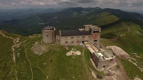Old abandoned observatory on mount Pip Ivan in Carpathian mountains, Ukraine Stock Footage 82746544