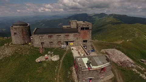 Old abandoned observatory on mount Pip Ivan in Carpathian mountains, Ukraine Stock Footage 82746572