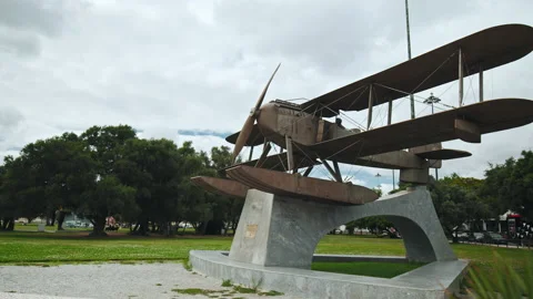 Old abandoned plane in Lisbon - Monument Gago Coutinho e Sacadura Cabral. Stock Footage 169659986