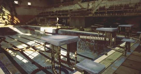 Old abandoned pool with empty lanes and faded tiles in a neglected facility Stock Illustration