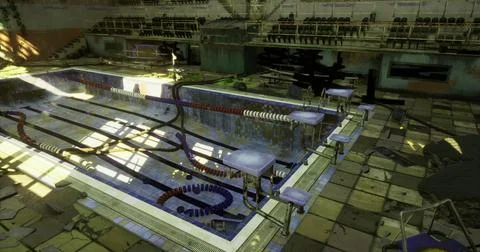 Old abandoned pool in a neglected indoor facility with overgrown surroundings Illustrazione stock