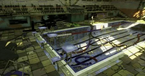 Old abandoned pool site with deteriorating structure in an empty facility Stock Illustration