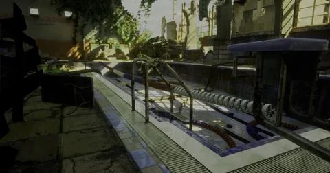Old abandoned pool surrounded by overgrown plants and debris Illustrazione stock