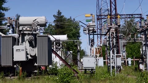 Old abandoned power plant with rusty wires, structures Stock Footage 156593622
