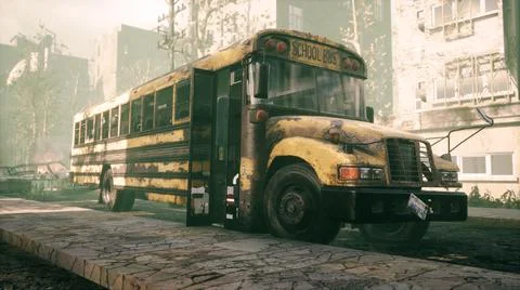 An old abandoned rusty school bus stands in the middle of the road in a deserted Stock Illustration
