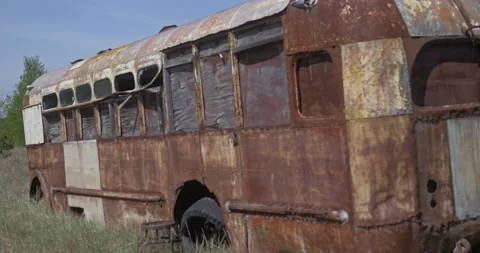 Old abandoned rusty Soviet bus Stock Footage 200947883