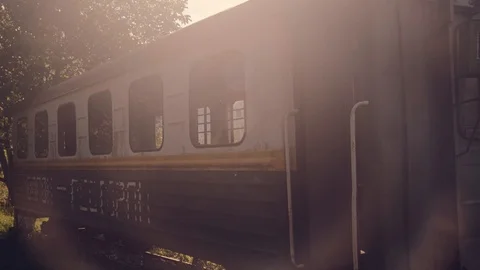 An old abandoned Soviet wagon. 4k. Slow motion Stockbeeldmateriaal 121038645