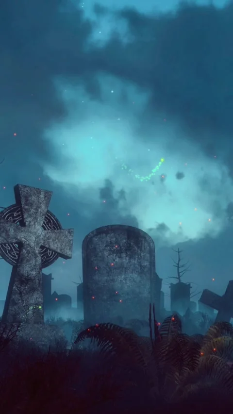 Old abandoned spooky graveyard at dark misty night Stock Footage 346705014