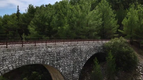 Old abandoned stone train bridge over the river Vidéo 346486719