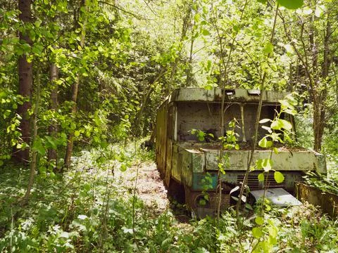 Old abandoned van in the thick of the forest Stock Photos