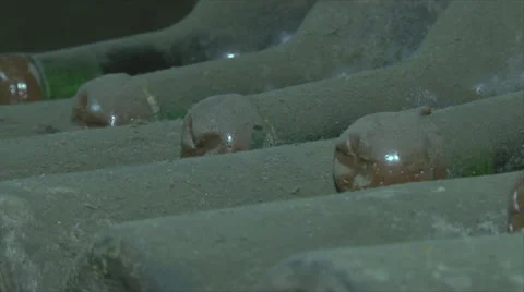 Old Aged Wine Bottles Storage in Dark Rustic Cellar Basement, Stack of Lying Dir Stock Footage 56800531