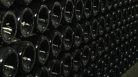 Old Aged Wine Bottles Storage in Dark Rustic Cellar Basement, Stack of Lying Dir Stock Footage 58485191