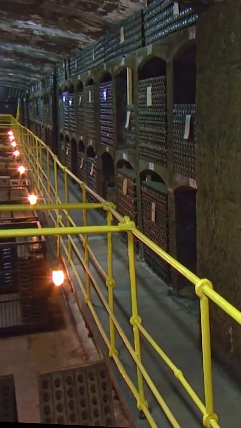 Old Aged Wine Bottles Storage in Dark Rustic Cellar Basement, Stack of Lying Dir Stock Footage 248877611