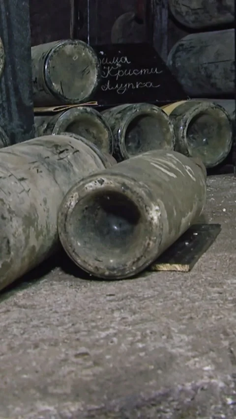 Old Aged Wine Bottles Storage in Dark Rustic Cellar Basement, Stack of Lying Dir Stock Footage 248877784