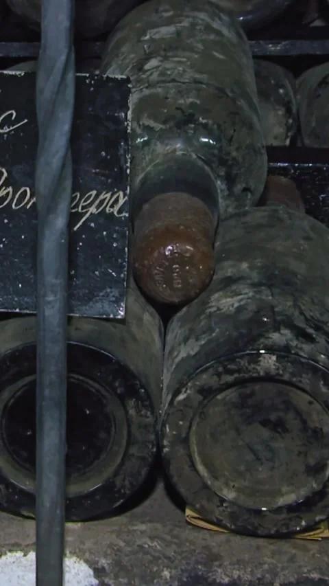 Old Aged Wine Bottles Storage in Dark Rustic Cellar Basement, Stack of Lying Dir Stock Footage 248877999
