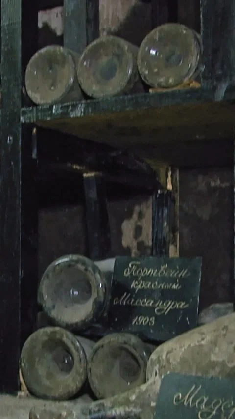 Old Aged Wine Bottles Storage in Dark Rustic Cellar Basement, Stack of Lying Dir Stock Footage 248878002