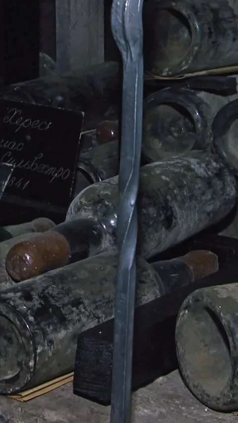 Old Aged Wine Bottles Storage in Dark Rustic Cellar Basement, Stack of Lying Dir 스톡 동영상 248878235