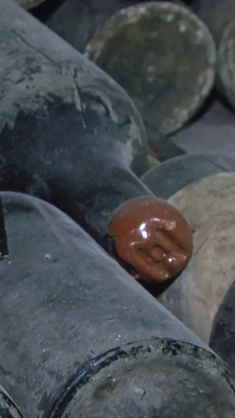 Old Aged Wine Bottles Storage in Dark Rustic Cellar Basement, Stack of Lying Dir Video stock 248878336