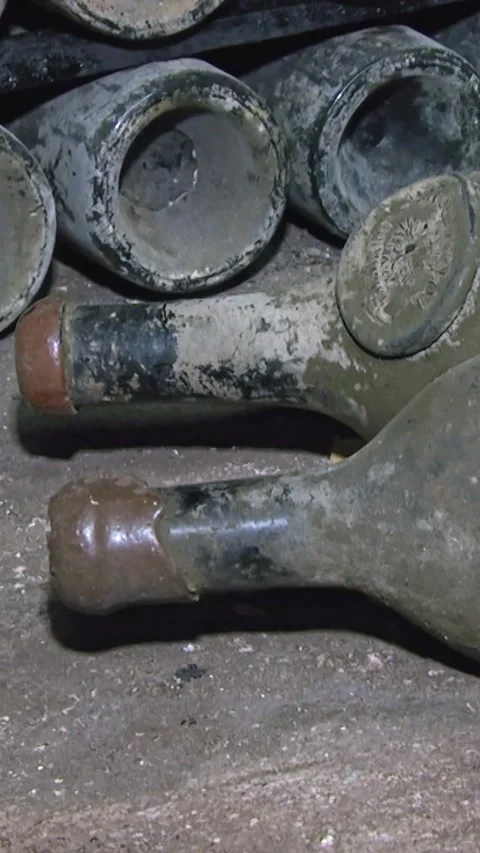 Old Aged Wine Bottles Storage in Dark Rustic Cellar Basement, Stack of Lying Dir Stock Footage 248878540