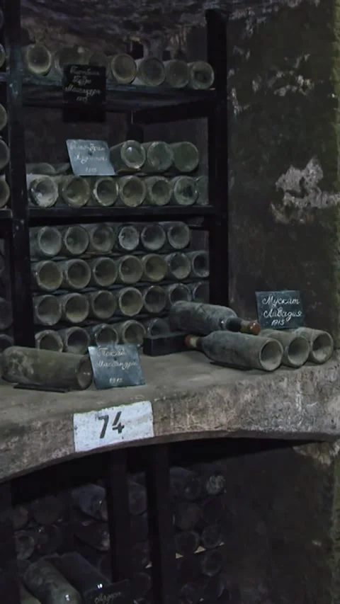 Old Aged Wine Bottles Storage in Dark Rustic Cellar Basement, Stack of Lying Dir Video stock 248878873