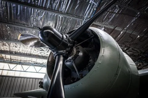 Old aircraft propeller engine closeup. Stock Photos