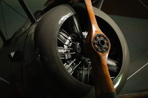Old airplane engine with propeller, front view of retro aircraft Stock Photos