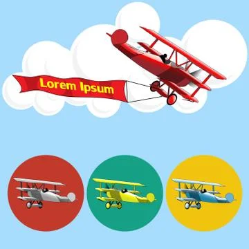 Old airplane model flying in the sky with clouds, silver, blue, red Stock Illustration