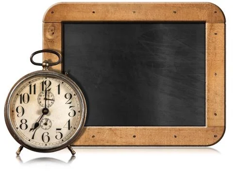 Old Alarm Clock and empty Blackboard Isolated on White Background 스톡 사진