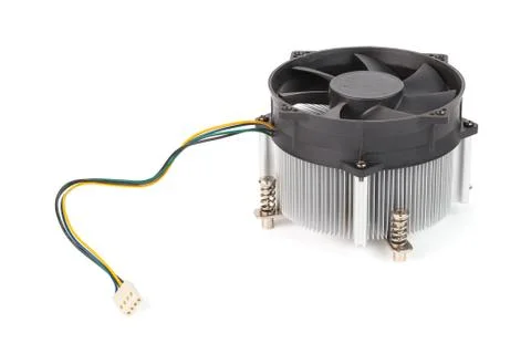 Old aluminium pc processor cooler with PWM control 4-contact wire isolated on Stock Photos
