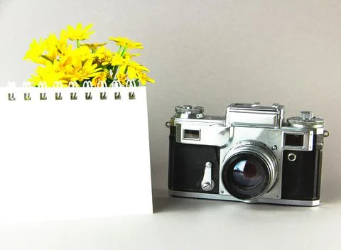 Old analog camera top view with a photo frame and a bouquet of flowers. Stock Photos