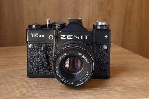 Old analog camera, Zenit, made in Russia. Stock Photos