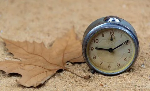 Old analog clock and maple leaves on the crushed wooden background. Stock Photos