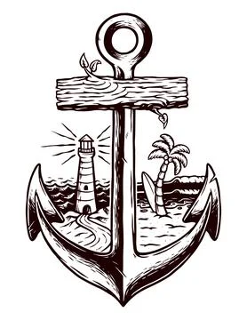 Old anchor and beach vector illustration hand drawn Stock Illustration
