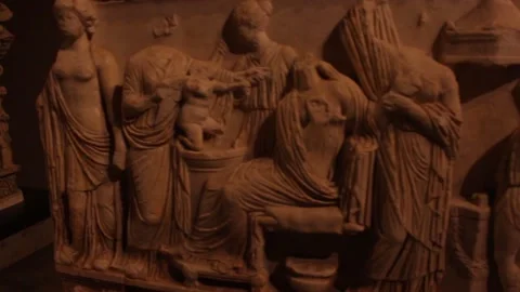 Old Ancient Carved Bas-Relief Tombstone with People and Animals. Stock Footage 87755336