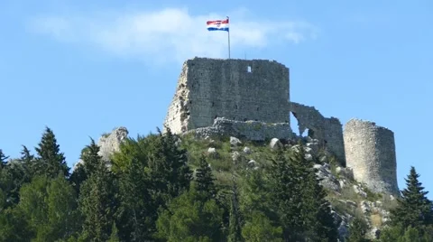 Old Ancient Fortress With The Croatian Flag On The Wind 10 Stock Footage 48670153