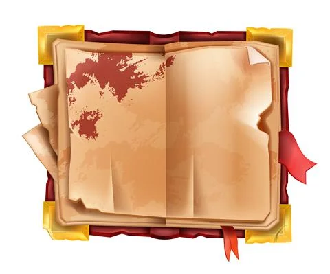 Old ancient open book, vector parchment sheet background, retro vintage diary Illustrazione stock