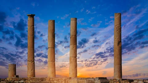 Old ancient temple ruin on dramatic sunset background Video stock 242080009