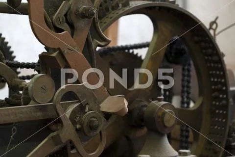 Old ancient tower clock mechanism detail close up Stock Photos
