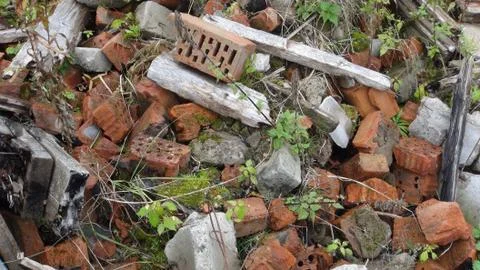 Old and broken bricks from a destroyed building in the autumn time of the yea Foto stock