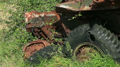 Old and broken tyres on rusty vehicle 2 Stock Footage 40708983