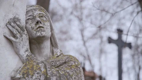 Old and Covered in Moss Stone Statue of Mother Mary Looking Up Stock Footage 152122211