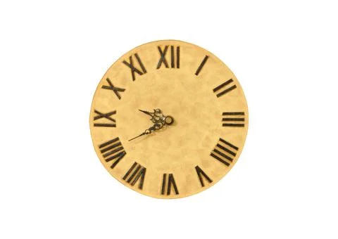 Old and gold colored wall clock with roman numerals, isolated on white backgr 库存照片