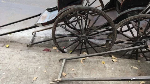 Old and heritage hand pulled Rickshaw resting beside the road Stock Footage 98768510