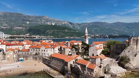 Old and modern Budva, Adriatic Sea. Aerial View of Budva Stock Footage 300463519